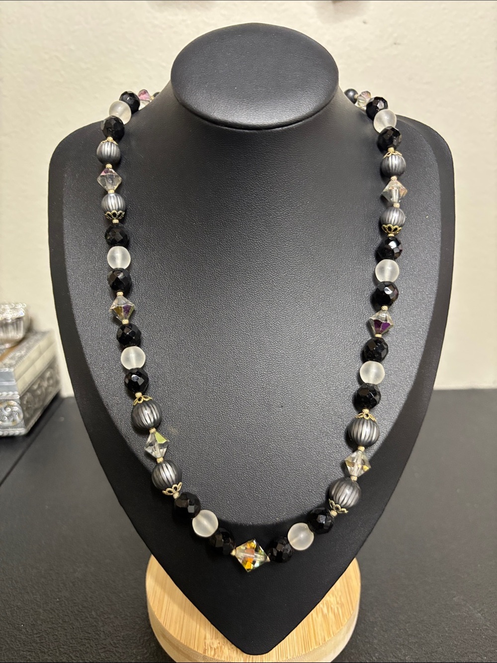 Vintage Aurora Borealis AB Mixed Media Beaded Frosted Glass Black Gray Necklace